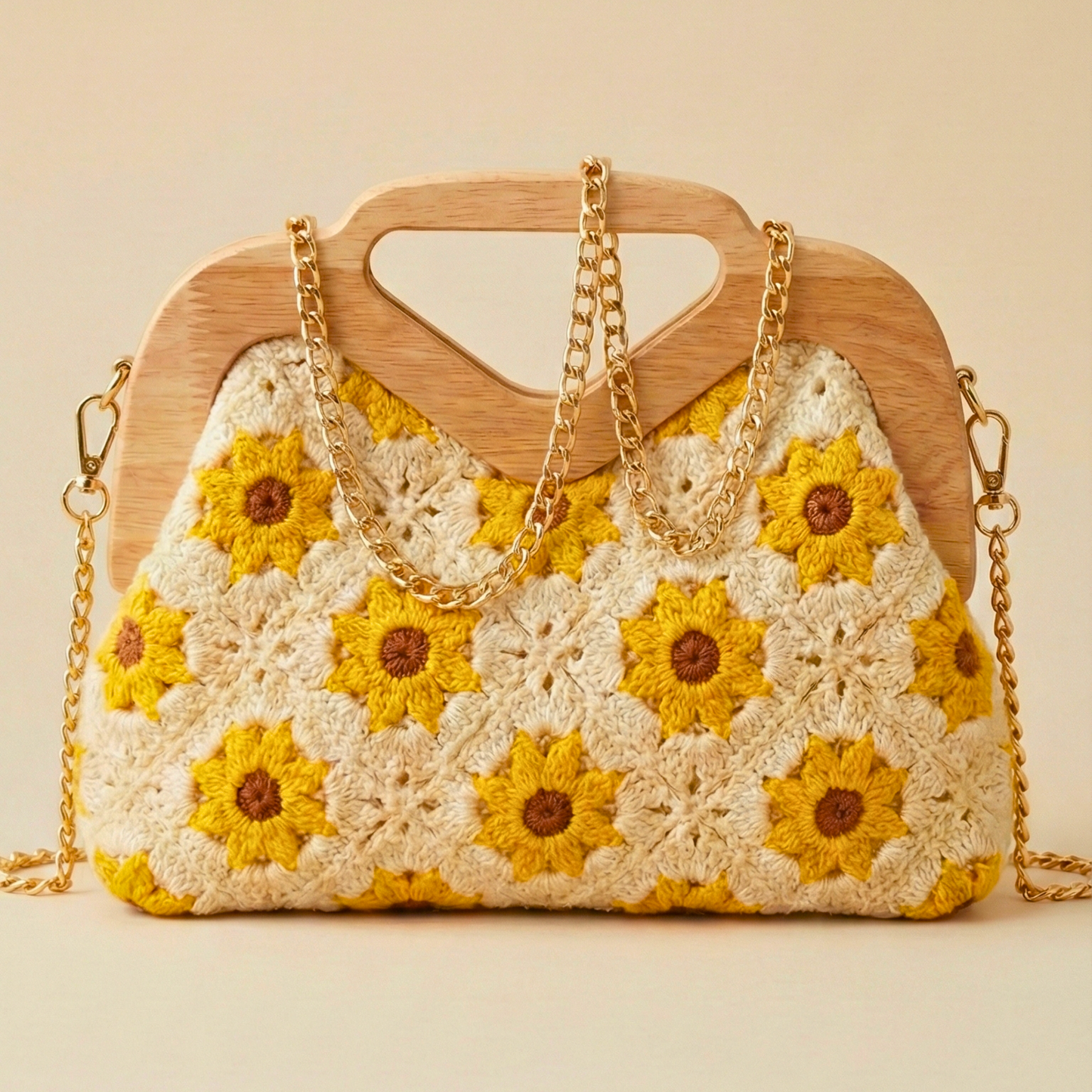 Handmade Sunflower Crochet Clutch Bag with Wooden Handle – Boho Summer Handbag