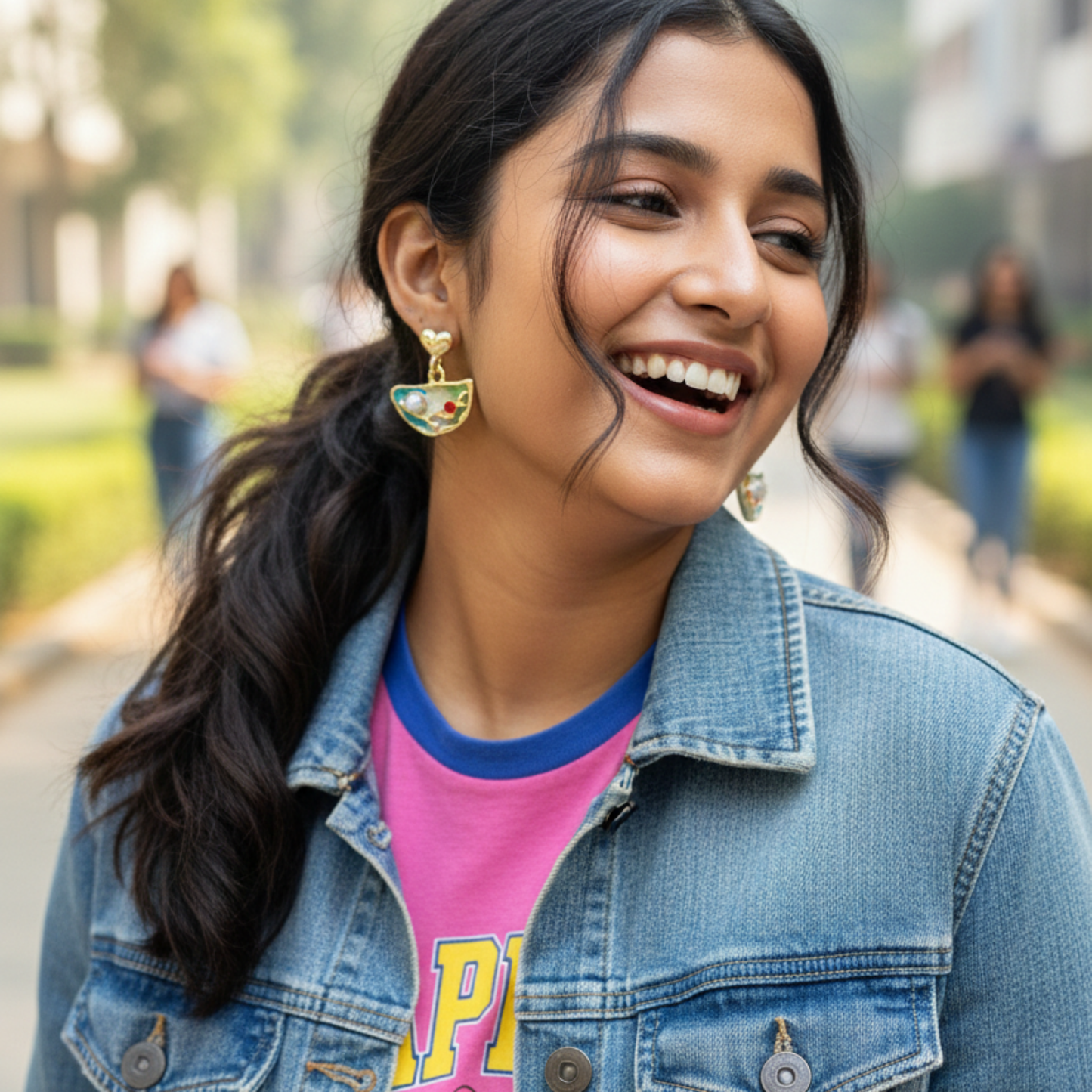 Heart Drop Earrings in Gold & Teal Enamel