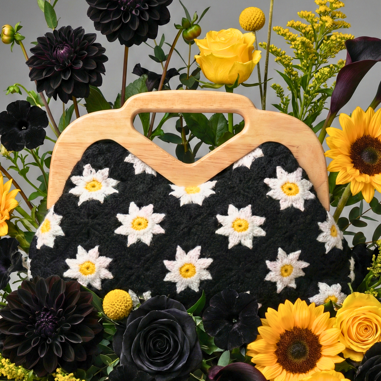 Handbag with floral pattern surrounded by flowers Handmade gift for her, unique crochet evening bag, floral accessories for spring.