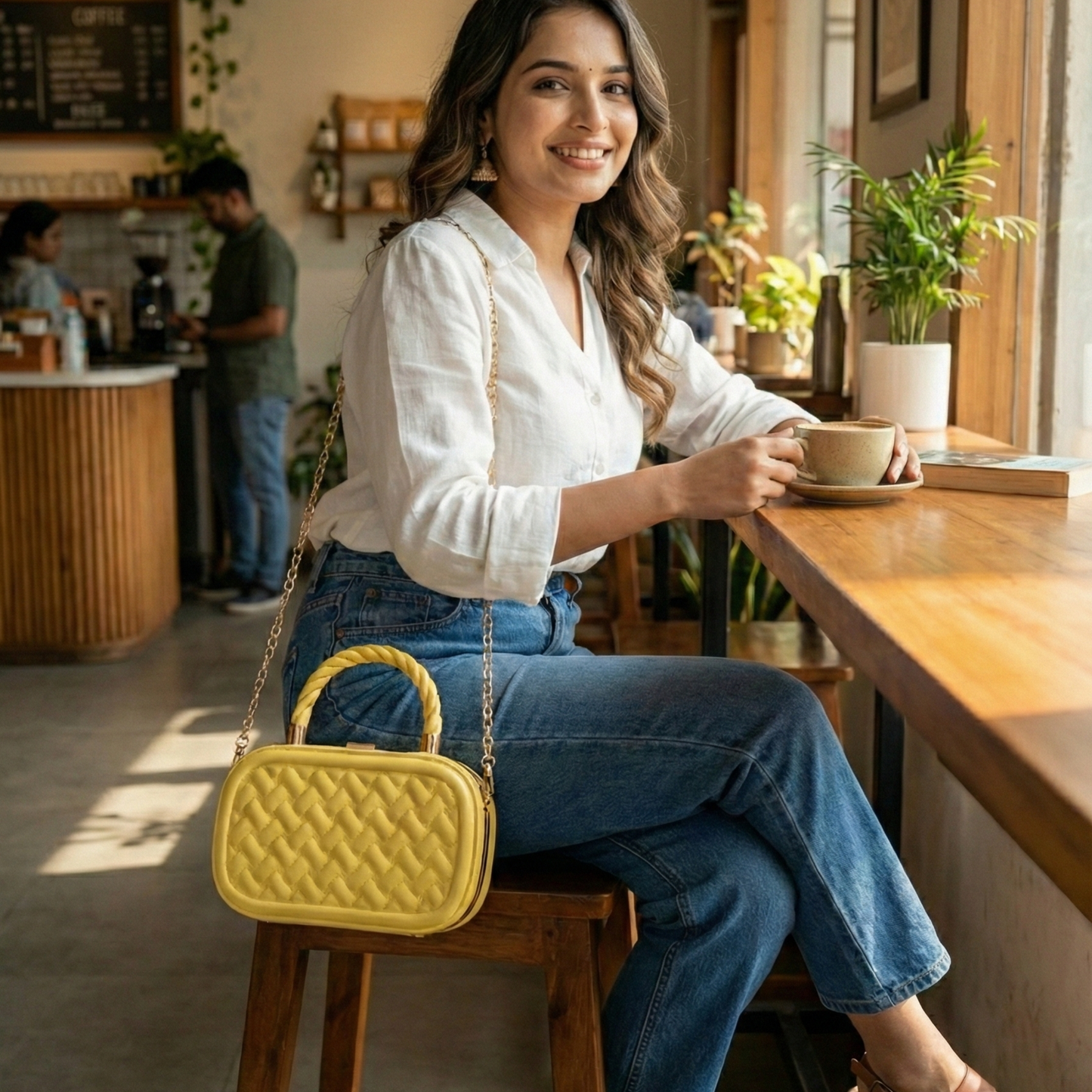 Luxury Yellow Quilted Box Clutch with Twisted Handle & Gold Chain Strap