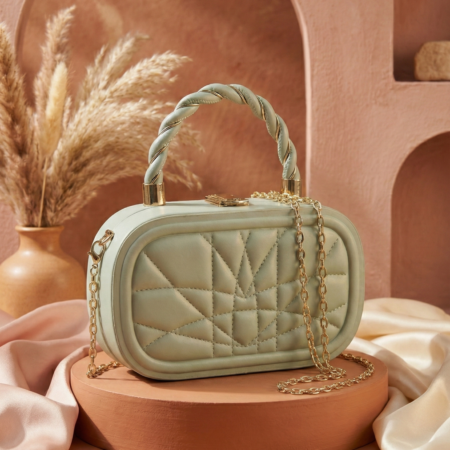 Sage Green Geometric Quilted Box Clutch