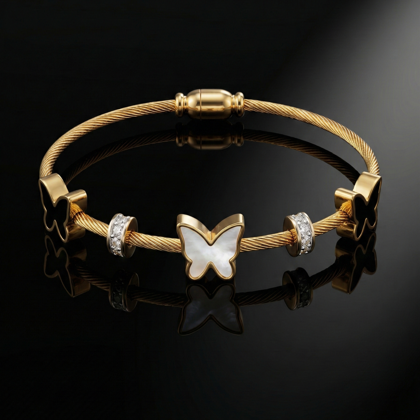 Gold Cable Cuff Bracelet with White Faux Pearl & Black Butterfly Charms