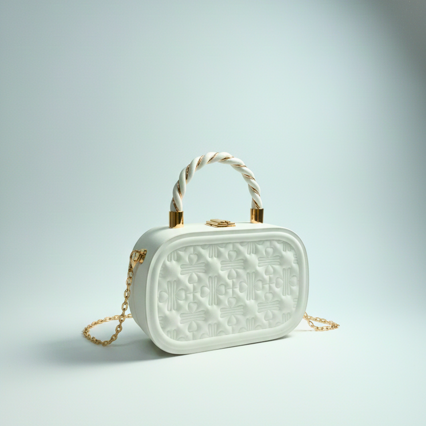 White Quilted Evening Handbag with Gold Chain – Luxury Bridal Clutch Bag
