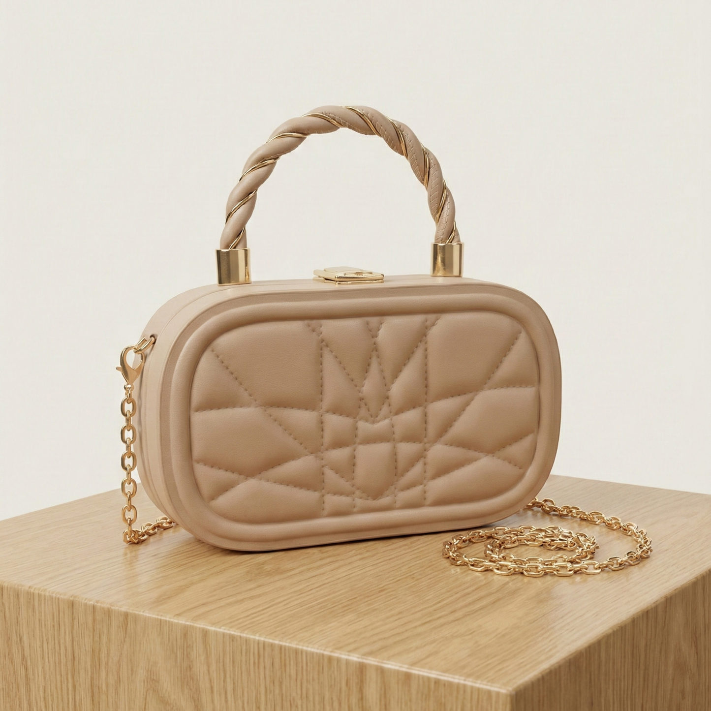 Chic Beige Quilted Box Handbag | Structured Clutch & Crossbody