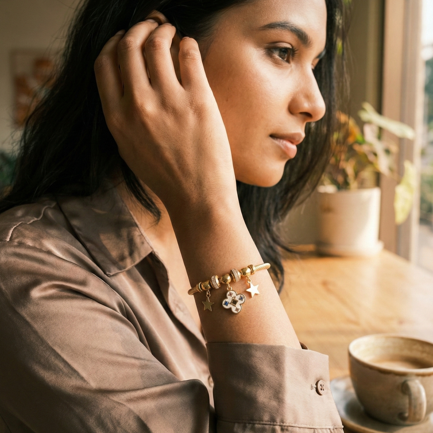 Charm Bangle Bracelet with Enamel Clover