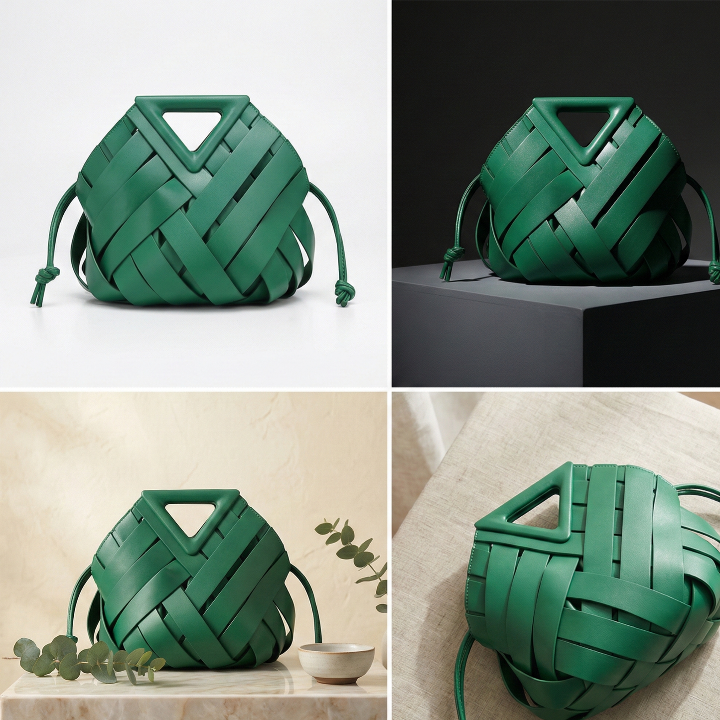 Green Woven Top-Handle Bag | Structural Geometric Tote with Convertible Shoulder Strap