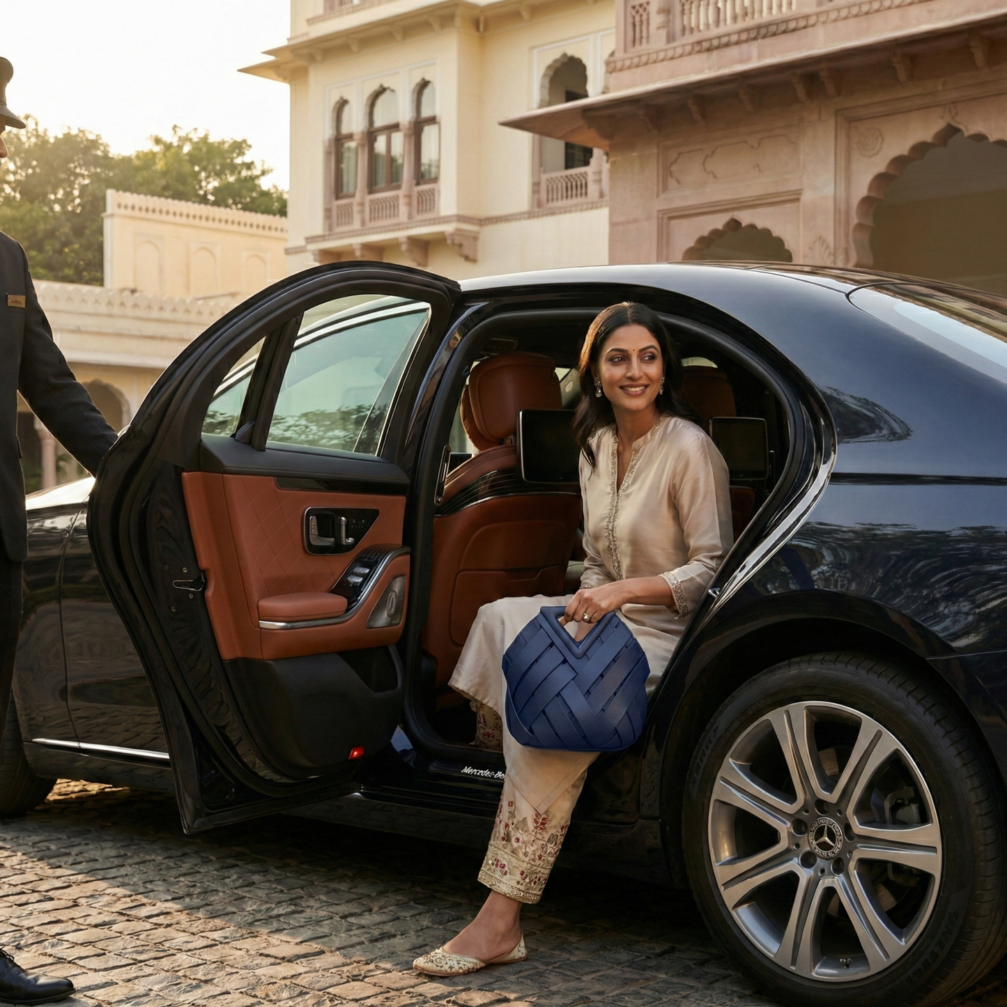 Navy Blue Woven Top-Handle Bag | Structural Geometric Tote with Convertible Shoulder Strap