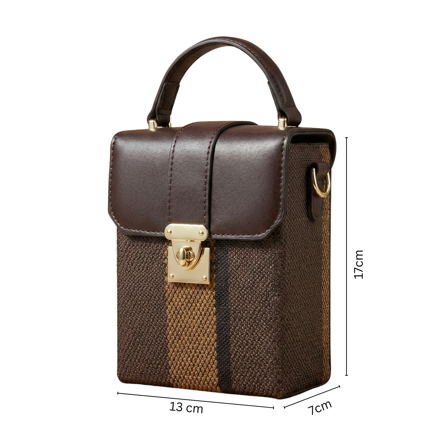 Brown handbag with gold lock mechanism and dimensions on a white background