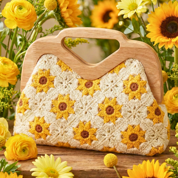 Crocheted handbag with sunflower pattern on a wooden stand surrounded by yellow flowers Sunflower bag, crochet handbag, wooden handle clutch, boho accessories, handmade summer bag, floral crochet purse, cottagecore fashion, granny square bag, yellow flower clutch, artisanal handbag.