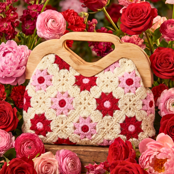 Crocheted handbag with wooden handle surrounded by red and pink Crochet Handbag, Floral Clutch, Wooden Handle Bag, Boho Accessories, Handmade Knit Bag, Sunburst Crochet, Cottagecore Fashion, Artisan Purse, Summer Clutch, Vintage Style Bag. flowers