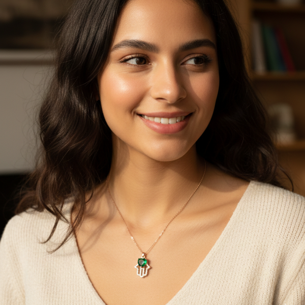 Hamsa, Fatima Hand, Protection, Amulet, Talisman, Emerald Green, Heart Gemstone, Rose Gold, Stainless Steel, Non-tarnish, Spiritual Gift, Lucky Charm, Layering Necklace, Dainty Jewelry. Woman wearing a necklace with a green pendant indoors “Hamsa necklace with green heart crystal”
“Rose gold protection necklace for daily wear”
“Symbolic jewelry gift for girlfriend”
“Dainty rose gold Hamsa hand with emerald stone”
“Hypoallergenic spiritual pendant necklace”