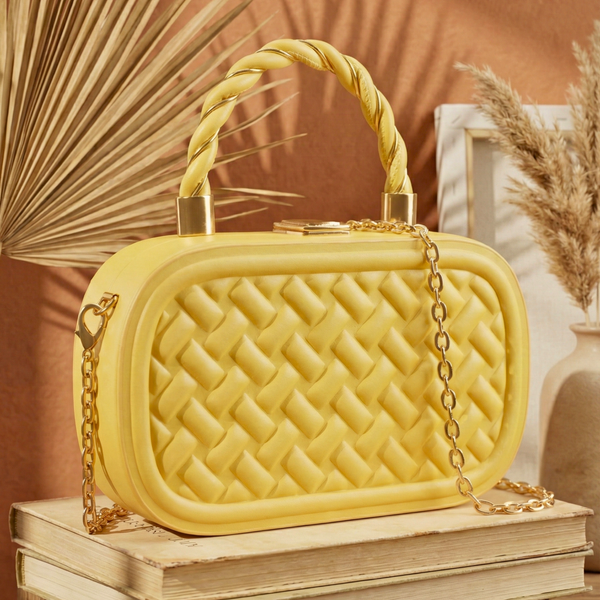 Luxury Yellow Quilted Box Clutch with Twisted Handle & Gold Chain Strap