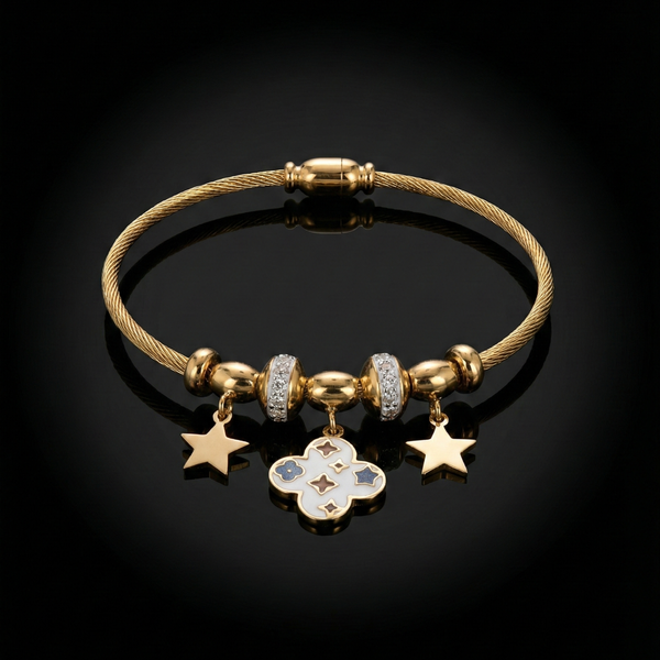 Gold bracelet with charms on a black background gold charm bracelet, clover bracelet gold, star charm bangle, enamel jewelry for women, pave bead bracelet, magnetic clasp bracelet, cable bangle gold, women's fashion jewelry, party wear bracelet, gift for her.