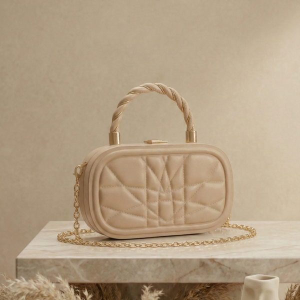Chic Beige Quilted Box Handbag | Structured Clutch & Crossbody