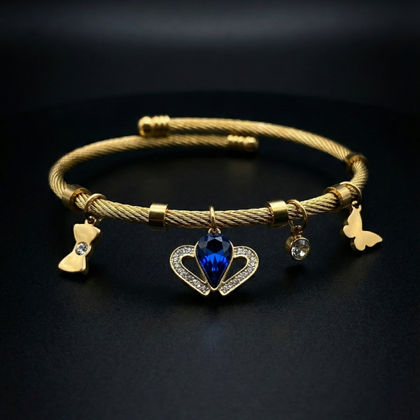 Gold-Plated Twisted Cable Charm Bracelet with Royal Blue Heart Pendant