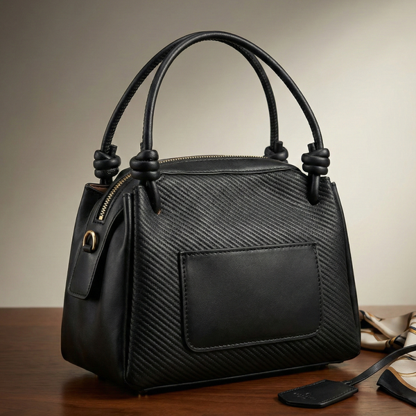 Black handbag with textured pattern on a wooden surface Black Leather Satchel, Women's Office Bag, Textured Leather Handbag, Professional Work Bag for Women, Black Crossbody Bag, Designer Satchel with Sling, Executive Women's Bag, Knotted Handle Handbag, Formal Office Purse, Luxury Work Accessory