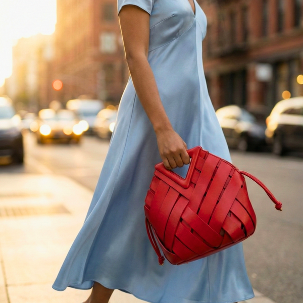 Woman in a light blue dress holding a red woven handbag on a city street. Primary Keywords: Red woven leather bag Geometric top handle bag Structural leather tote Woven bucket bag red Convertible shoulder handbag Long-Tail Keywords (for niche targeting): Red basket weave leather handbag Designer style knotted strap bag Women's architectural leather purse Red handbag with inner drawstring pouch Oversized weave leather tote bag