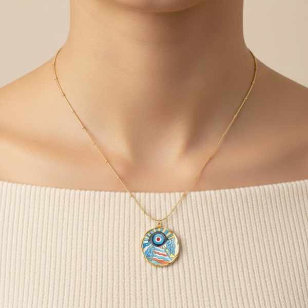 Evil Eye Abstract Art Pendant | Sunburst Enamel Nazar Stainless Steel Necklace