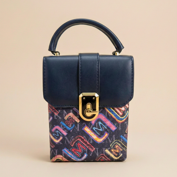 Navy blue handbag with colorful patterned flap on a beige background Midnight Navy Bag, Mini Crossbody, Vegan Leather Phone Bag, Graphic Print Handbag, Small Top Handle Bag, Gold Hardware Accessory, Luxury Tech Bag, Compact Travel Purse.