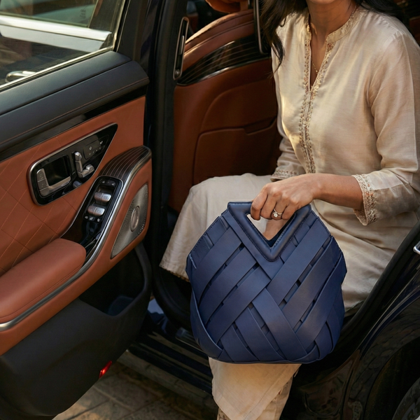 Navy Blue Woven Top-Handle Bag | Structural Geometric Tote with Convertible Shoulder Strap