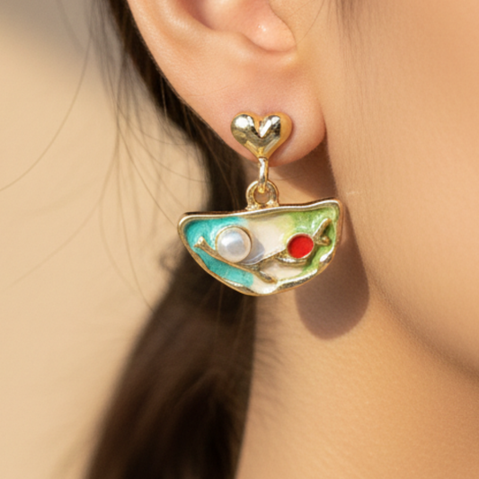 Heart Drop Earrings in Gold & Teal Enamel